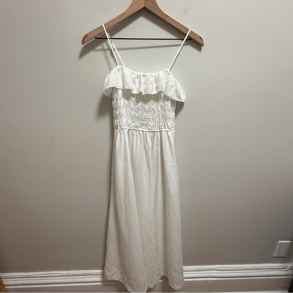 Aritzia white spaghetti strap ruffle linen midi dress coastal euro summer bridal - Picture 2 of 13
